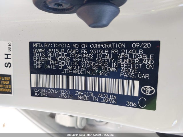 Toyota Corolla Hybrid Le 2021 JTDEAMDE1MJ014621 Image 9