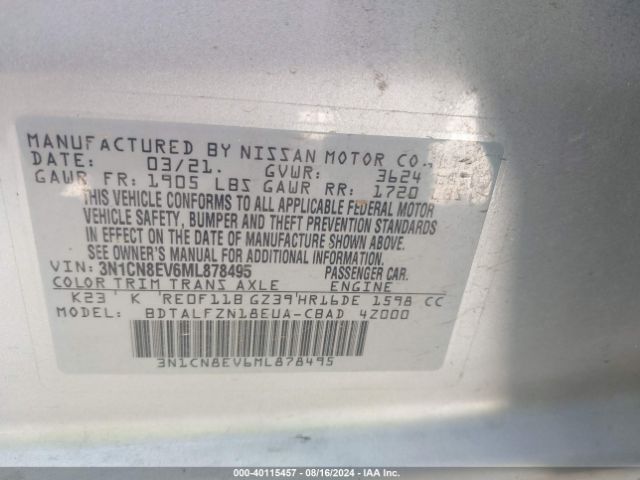 3N1CN8EV6ML878495 Nissan Versa Sv Xtronic Cvt