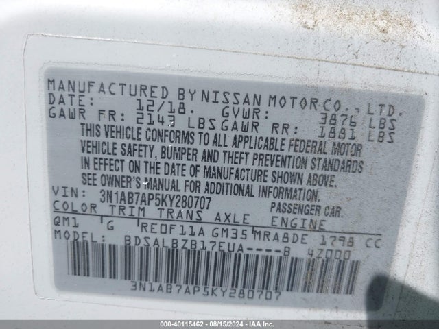 Nissan SENTRA S 2019 3N1AB7AP5KY280707 Image 9