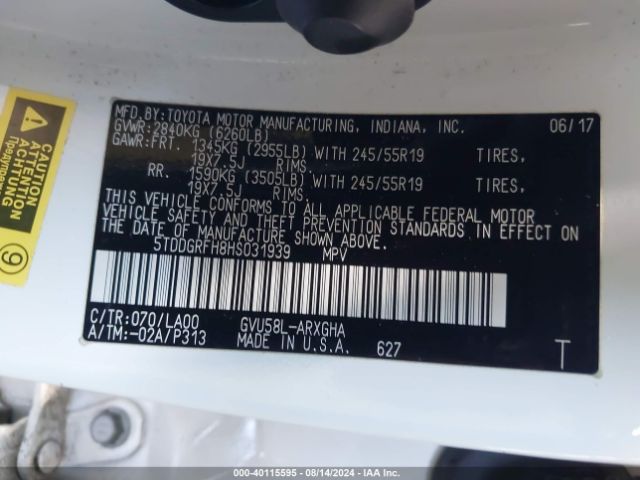 5TDDGRFH8HS031939 Toyota Highlander Hybrid Limited Platinum