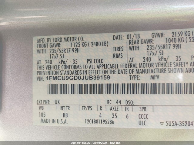 Ford ESCAPE SE 2018 1FMCU9GD0JUB39159 Image 9