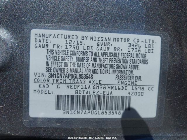 3N1CN7AP0GL853548 Nissan Versa 1.6 S/1.6 S+/1.6 Sl/1.6 Sv