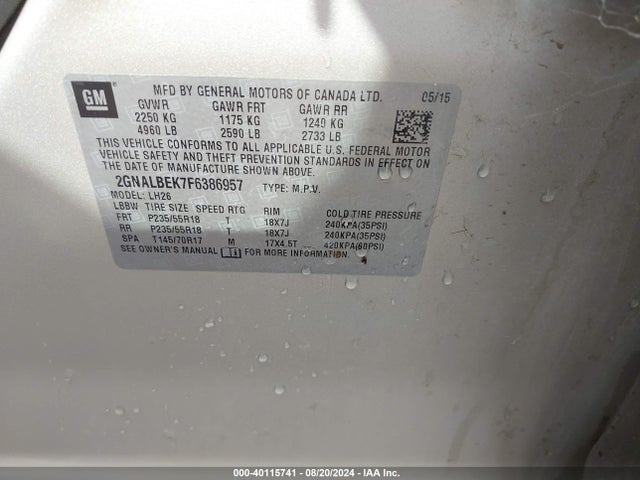 Chevrolet EQUINOX 1LT 2015 2GNALBEK7F6386957 Image 9