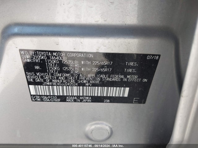 Toyota Rav4 Xle 2018 JTMRFREV0JJ242524 Image 9
