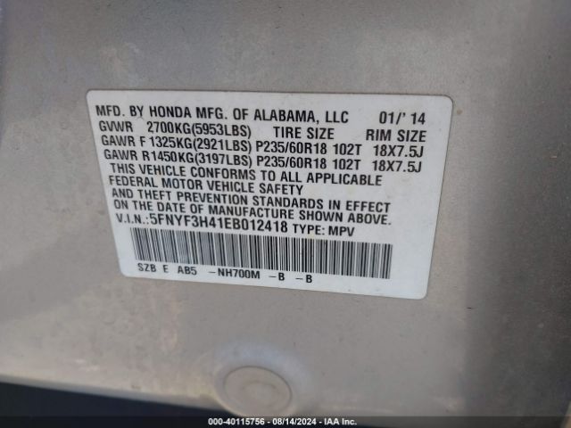 5FNYF3H41EB012418 Honda Pilot Ex