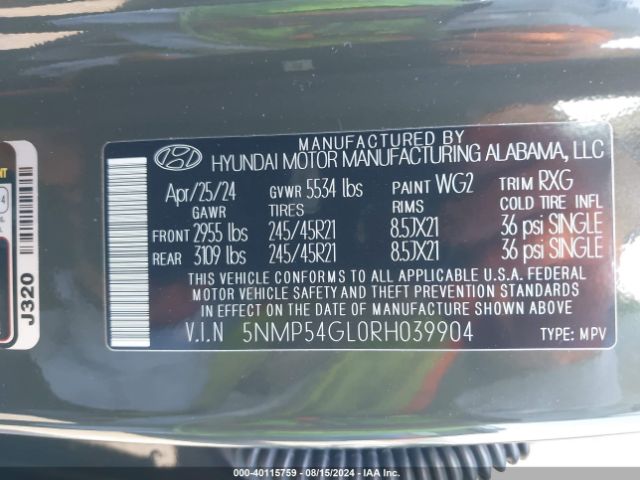 5NMP54GL0RH039904 Hyundai Santa Fe Calligraphy