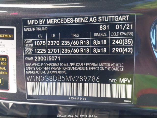 W1N0G8DB5MV289786 Mercedes-Benz Glc 300 Suv