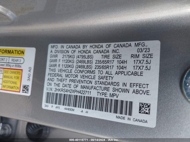 Honda Cr-v Lx Awd 2023 2HKRS4H2XPH422711 Image 9