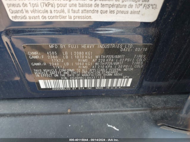 Aukcja sprzedaży 2010 Subaru Outback 2.5i Premium, vin: 4S4BRBCC9A3371332, numer aukcji: 40115844