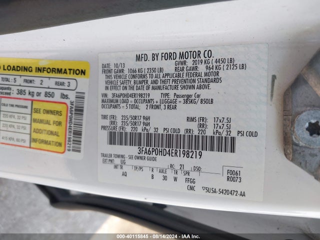 Ford FUSION SE 2014 3FA6P0HD4ER198219 Image 9
