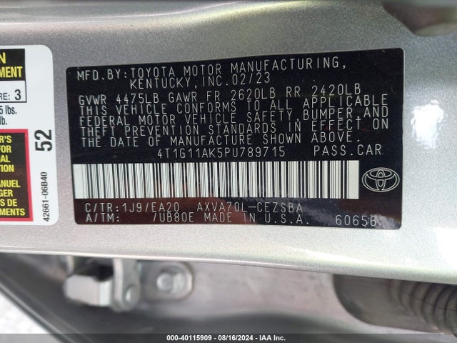 2023 Toyota Camry Se მანქანა იყიდება აუქციონზე, vin: 4T1G11AK5PU789715, აუქციონის ნომერი: 40115909