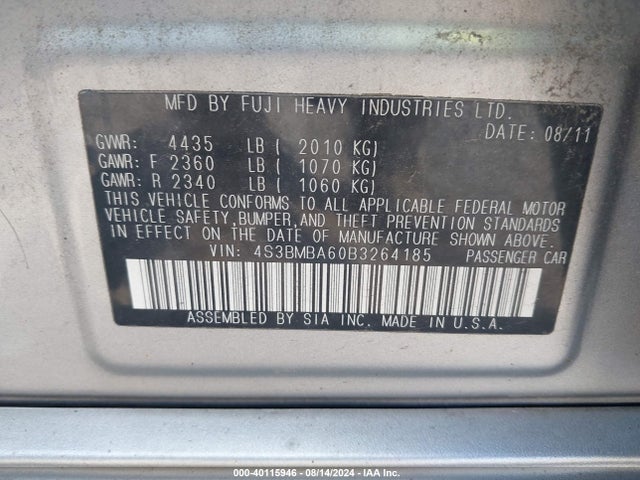 40115946 :رقم المزاد ، 4S3BMBA60B3264185 vin ، 2011 Subaru Legacy 2.5i مزاد بيع