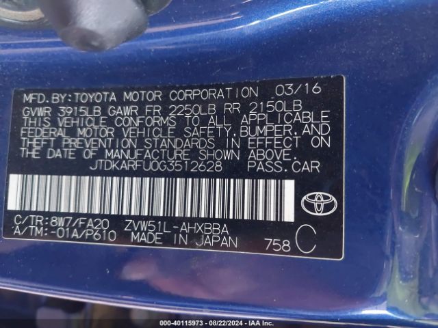 JTDKARFU0G3512628 Toyota Prius