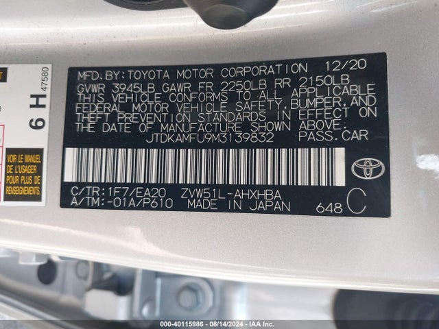 Toyota PRIUS XLE 2021 JTDKAMFU9M3139832 Image 9