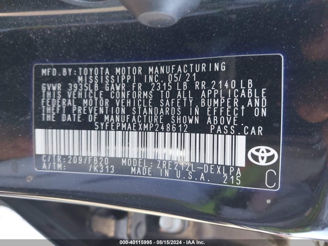 Toyota COROLLA LE 2021 5YFEPMAEXMP248612 Image 9