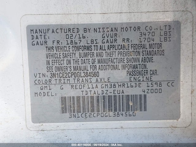 Nissan Versa Note Sv 2016 3N1CE2CP0GL384560 Image 9