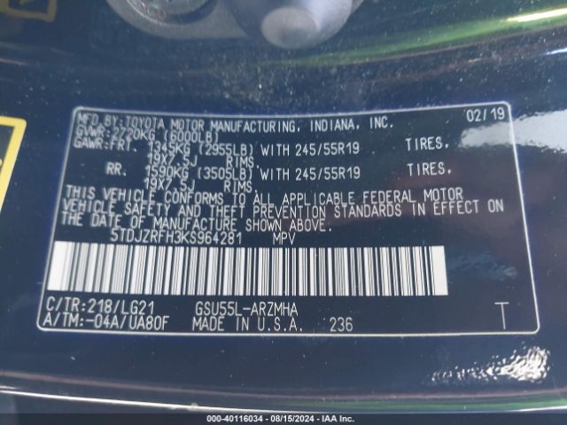 5TDJZRFH3KS964281 Toyota Highlander Se