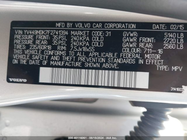 YV449MDK7F2741394 Volvo Xc60 T6