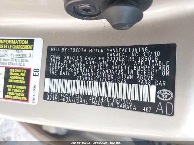 Aukcja sprzedaży 2010 Toyota Corolla Le, vin: 2T1BU4EE4AC531525, numer aukcji: 40116063