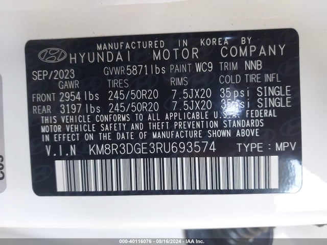 Hyundai Palisade Xrt 2024 KM8R3DGE3RU693574 Image 9