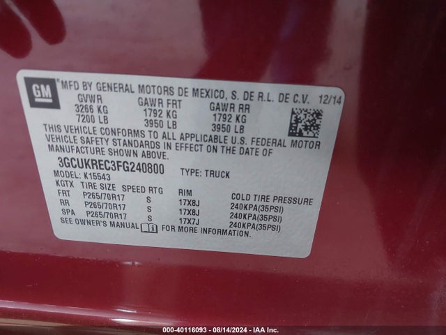 Chevrolet Silverado 1500 1lt 2015 3GCUKREC3FG240800 Image 9