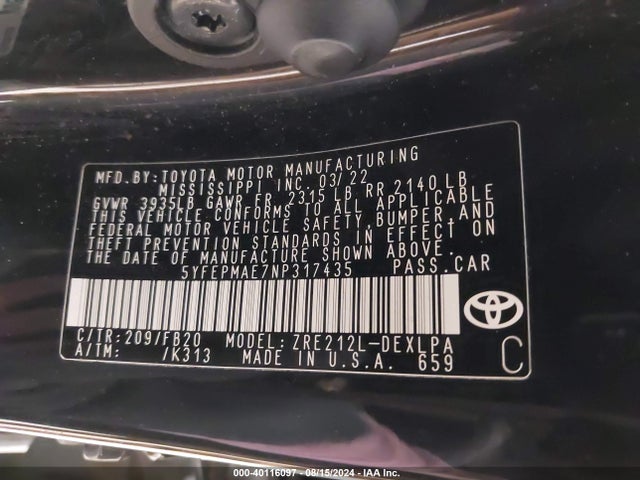 Toyota COROLLA LE 2022 5YFEPMAE7NP317435 Image 9