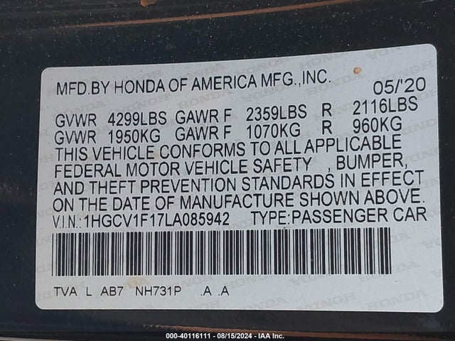 Honda ACCORD LX 2020 1HGCV1F17LA085942 Image 9