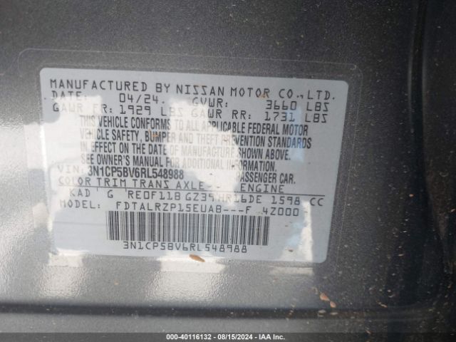3N1CP5BV6RL548988 Nissan Kicks S Xtronic Cvt