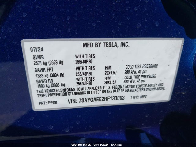 2024 TESLA MODEL Y 7SAYGAEE2RF133093 Photo 8