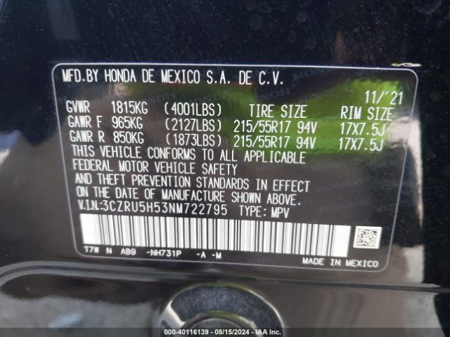 3CZRU5H53NM722795 Honda Hr-v 2wd Ex