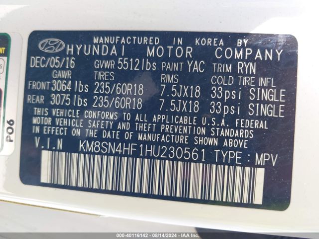 KM8SN4HF1HU230561 Hyundai Santa Fe Se