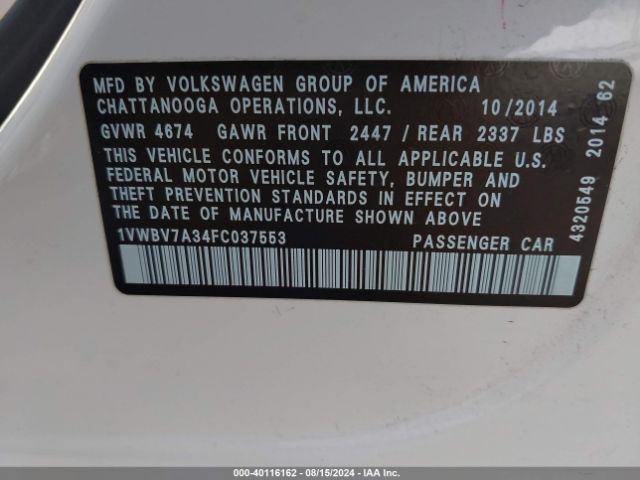 1VWBV7A34FC037553 Volkswagen Passat 2.0l Tdi Se