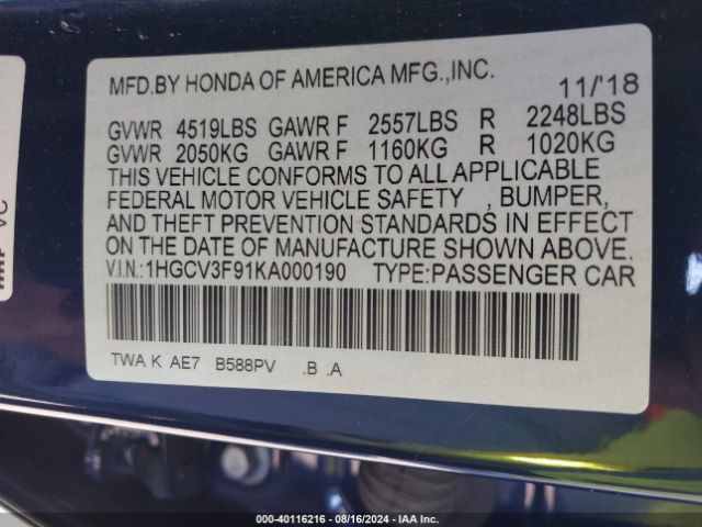 1HGCV3F91KA000190 Honda Accord Hybrid Touring
