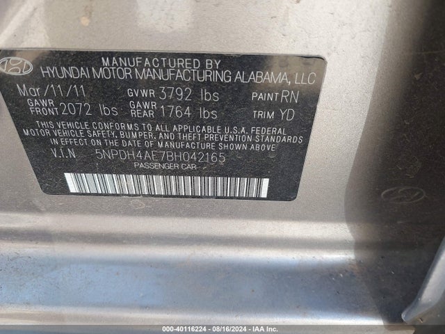 2011 Hyundai Elantra Gls მანქანა იყიდება აუქციონზე, vin: 5NPDH4AE7BH042165, აუქციონის ნომერი: 40116224