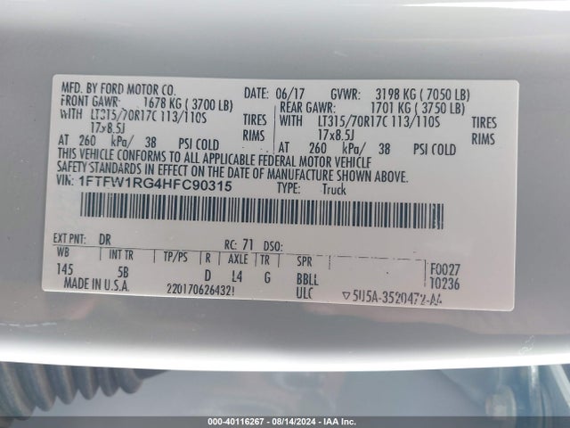 Ford F-150 Raptor 2017 1FTFW1RG4HFC90315 Image 9