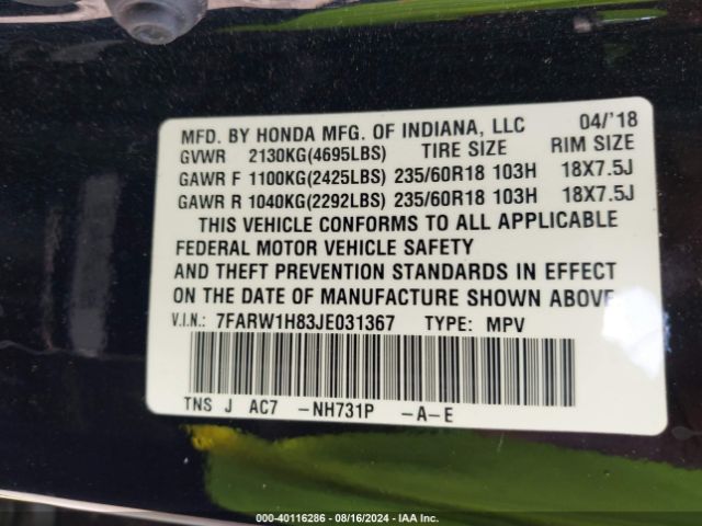 7FARW1H83JE031367 Honda Cr-v Ex-l/ex-l Navi