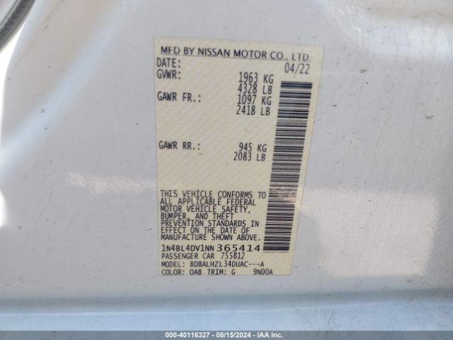1N4BL4DV1NN365414 Nissan Altima Sv Fwd