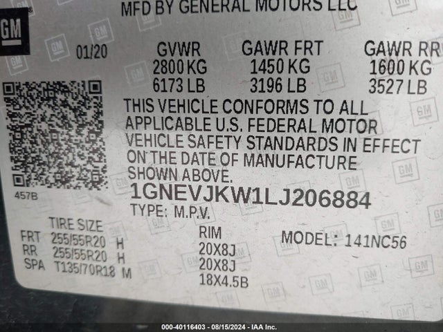 Chevrolet Traverse Awd Rs 2020 1GNEVJKW1LJ206884 Image 9