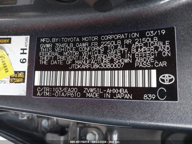 Toyota PRIUS XLE 2019 JTDKARFU8K3080007 Image 9