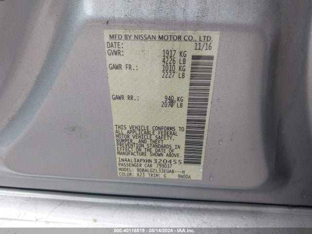Nissan Altima 2.5 S 2017 1N4AL3APXHN320455 Image 9