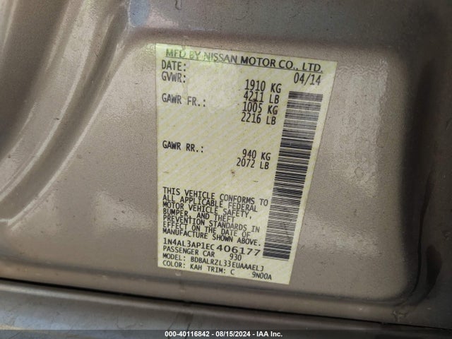 Nissan Altima 2.5 S 2014 1N4AL3AP1EC406177 Image 9
