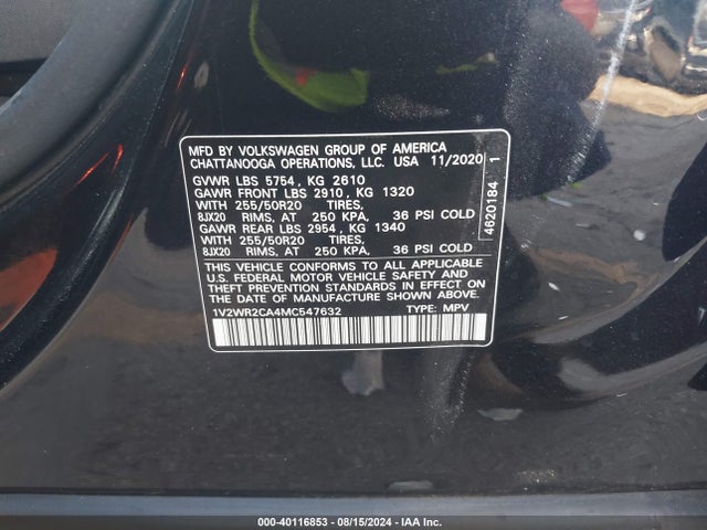 1V2WR2CA4MC547632 Volkswagen Atlas 3.6l V6 Se W/technology