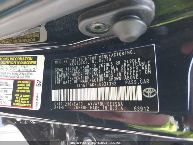 Toyota CAMRY SE 2020 4T1G11AK7LU934392 Image 9
