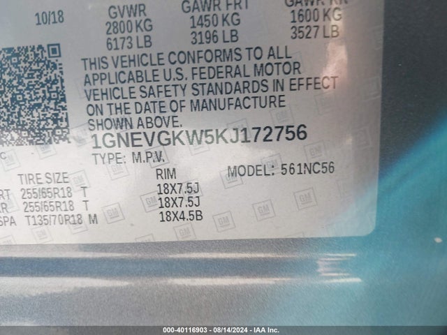 Chevrolet Traverse 1lt 2019 1GNEVGKW5KJ172756 Image 9
