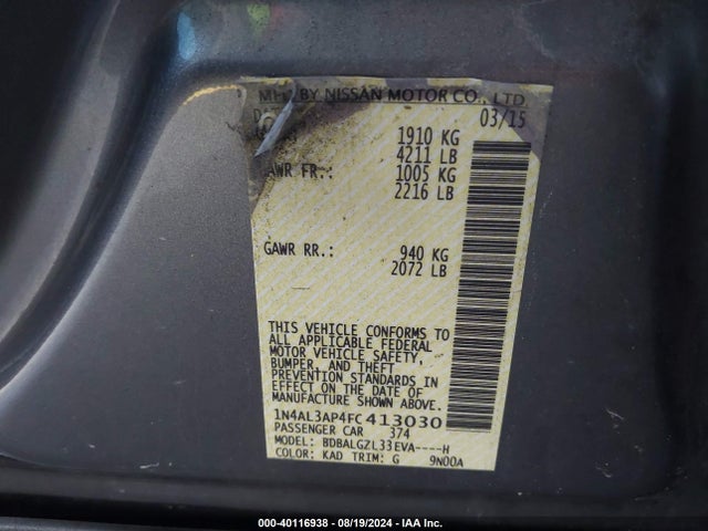 Nissan Altima 2.5 S 2015 1N4AL3AP4FC413030 Image 9