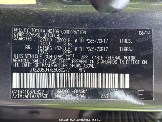 Toyota 4runner Sr5 Premium 2014 JTEZU5JR7E5080277 Image 9