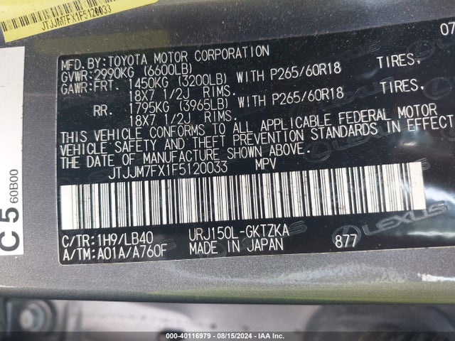 JTJJM7FX1F5120033 Lexus 460 Luxury