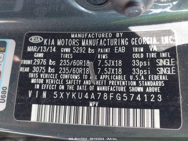 5XYKU4A78FG574123 KIA Sorento Ex V6