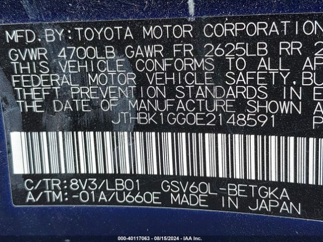 JTHBK1GG0E2148591 Lexus ES 350