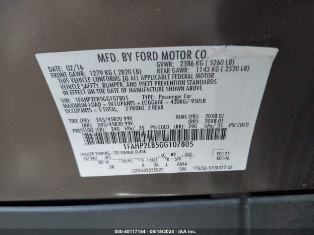 1FAHP2E85GG107805 Ford TAURUS SEL